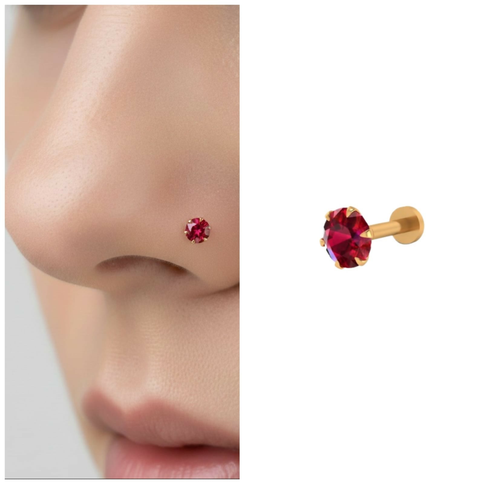 Gold plated Ruby AD Nosepin Stud Flat Back Labret for women and girls