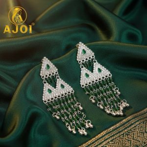 Emerald Royale Silver-Tone Triangle Statement Earrings with Layered Bead Tassels