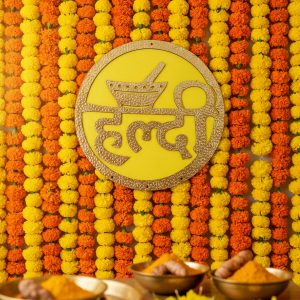 Haldi Ceremony Wall Hanging | Bright Yellow & Red Traditional Wedding Decor