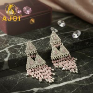 Blush Pink Stone Studded Designer Chandbali Earrings with Pearl Drops