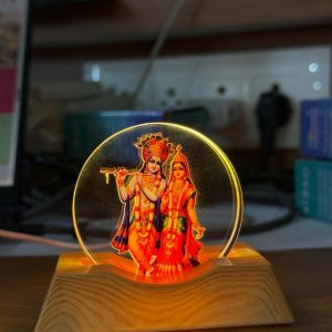 LED Radha Krishna Acrylic Lamp with Wooden Base Spiritual Decor