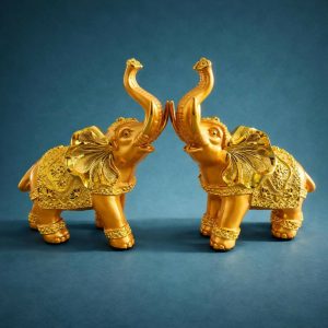 Golden Lucky Elephant Pair Statue Feng Shui Home & Office Decor Showpiece