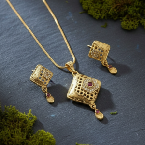 Ruby Square Gold Pendant and Earring Set Elegant Traditional Jewelry Set for Women