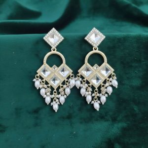 Elegant Geometric Kundan Chandelier Earrings with Teardrop Pearl Clusters