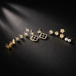 Elegant Gold & Black Combo Earrings Set for Women | Floral, Bow, Pearl & Stud Earrings | Fashion Jewelry Gift Set (Pack Of 7)