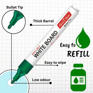 Refillable Green Whiteboard Marker Pen Set of 10 with Bullet Tip for Office, School & Teaching Use