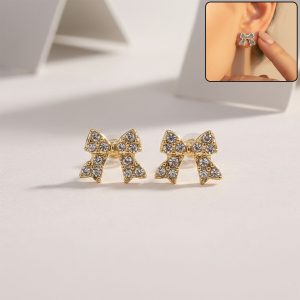Elegant Crystal Bow Stud Earrings for Women | Gold Plated Rhinestone Ribbon Earrings | Cute Korean Style Party & Daily Wear