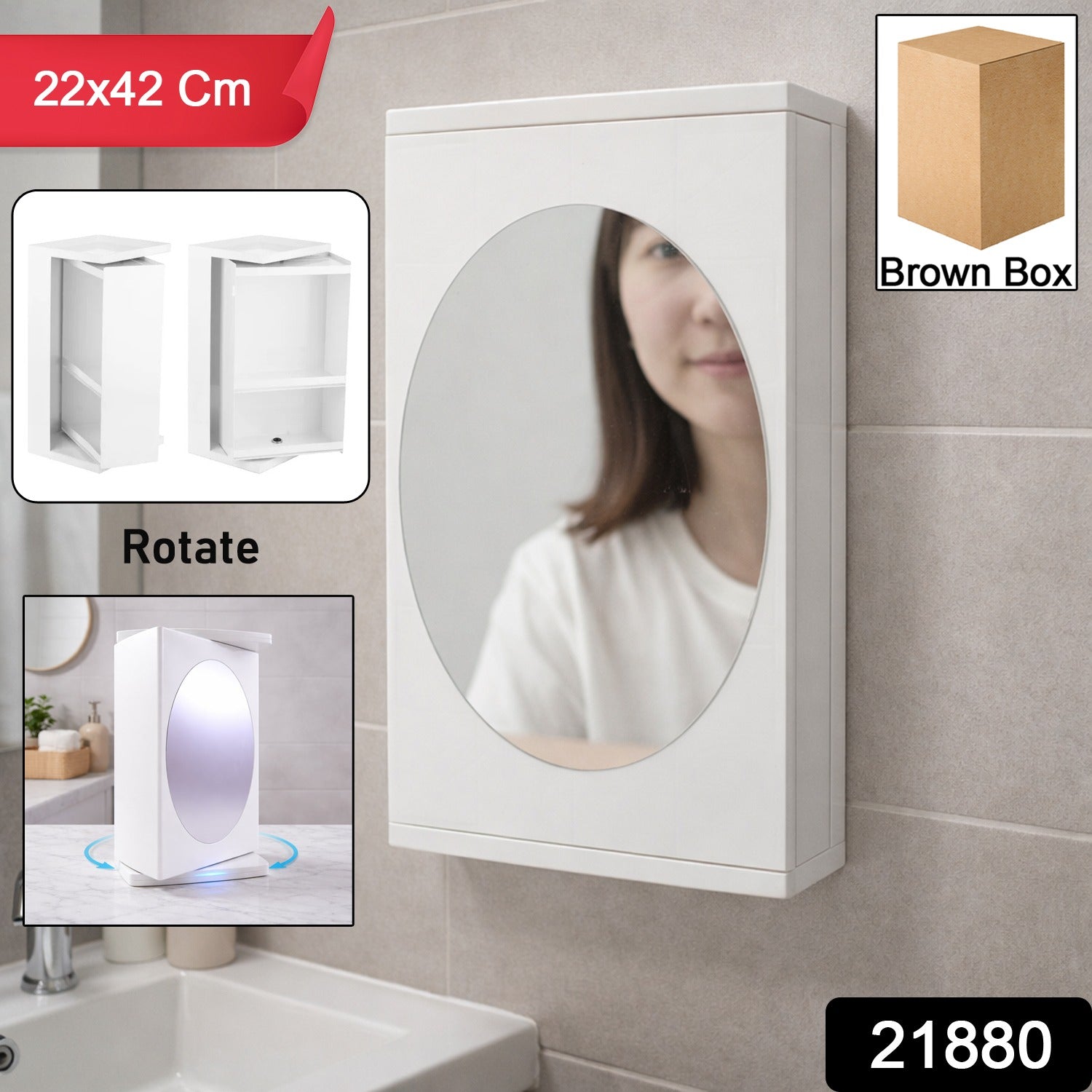 Wall Mounted Rotating Bathroom Mirror Cabinet (1 Pc, 22x42 Cm) - Image 2