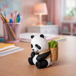 Cute Panda Bamboo Basket poly-resin Showpiece | Mini Panda Decorative Figurine