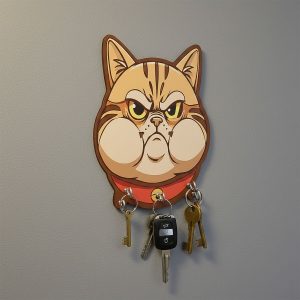 Cute Cartoon Cat Wooden Key Holder Wall Mounted Decorative Key Rack for Home Entrance