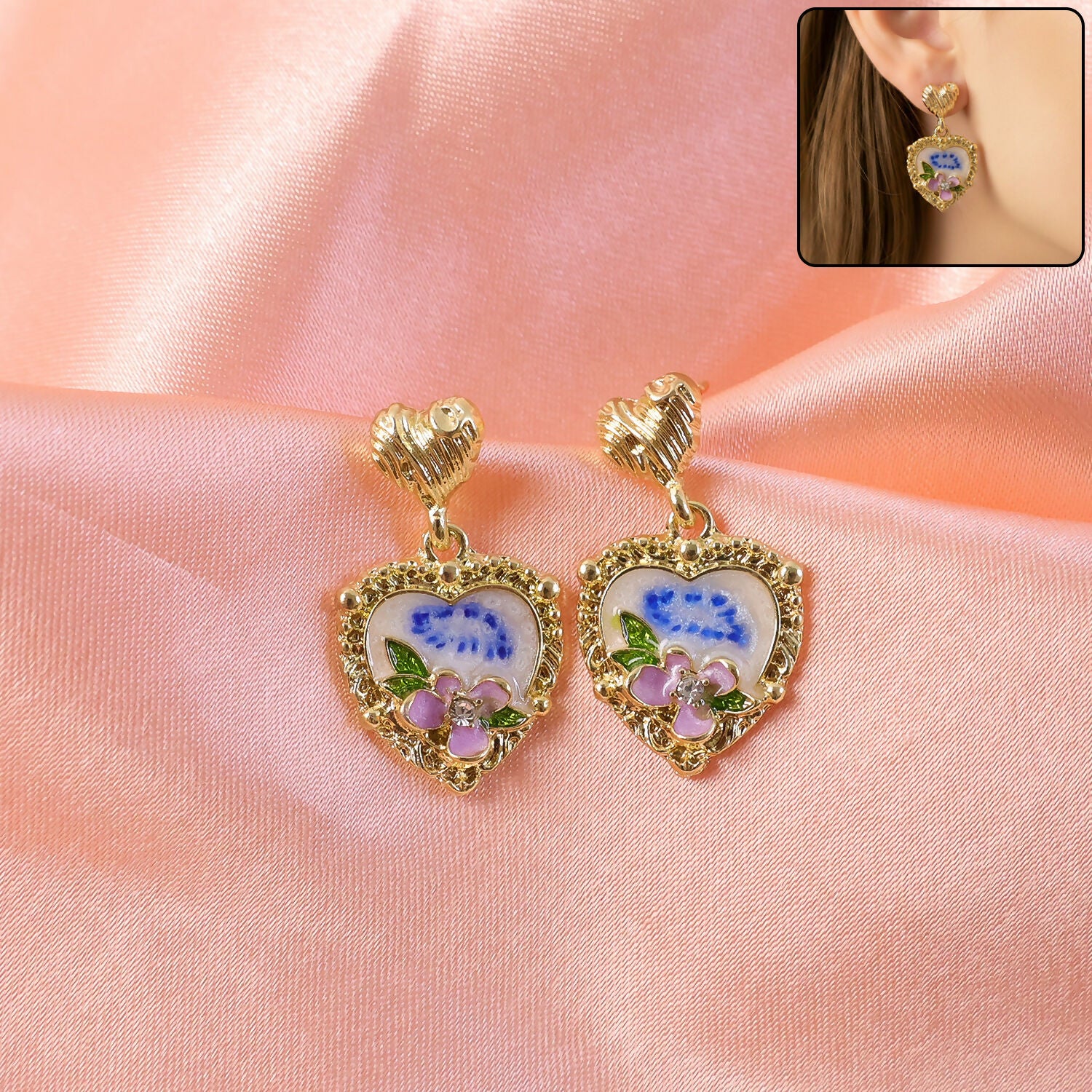 Premium Korean Style Heart Floral Drop Earrings for Women | Gold Plated Pearl & Crystal Fashion Earrings