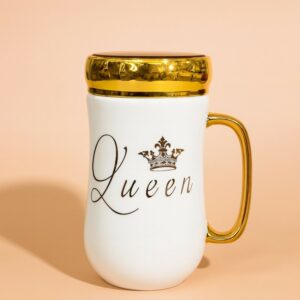 Premium Queen Ceramic Mug with Lid | Luxury Golden Handle & Crown Print | Stylish Tea & Coffee Cup for Women | Elegant Gift Mug for Wife, Girlfriend, Sister, Mom | Heat-Retaining Lid | Designer Mug for Home & Office (White – Queen Edition)