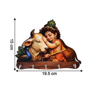 Baby Krishna with Cow Wooden Wall Key Holder – 5 Hooks Organizer