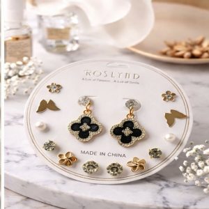 Elegant Gold & Black Combo Earrings Set for Women | Floral, Bow, Pearl & Stud Earrings | Fashion Jewelry Gift Set (Pack Of 7)
