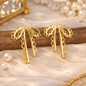 Elegant Gold Bow Drop Earrings for Women | Korean Style Designer Ribbon Earrings