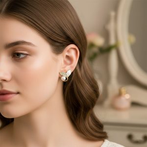 Korean Style Pearl Leaf Stud Earrings for Women & Girls | Elegant Gold Plated Designer Fashion Jewellery