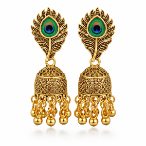 TRADITIONAL OXIDISED PEACOCK FEATHER JHUMKA EARINGS IN