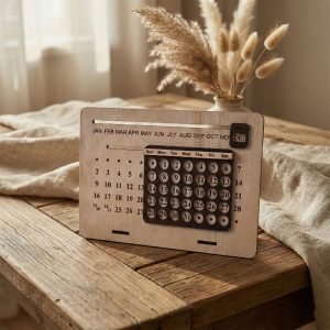 Wooden Perpetual Desk Calendar with Sliding Month Marker & Date Display
