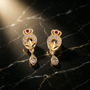 Gold Finish Floral Drop Earrings with Stone Detailing (1 Pair)