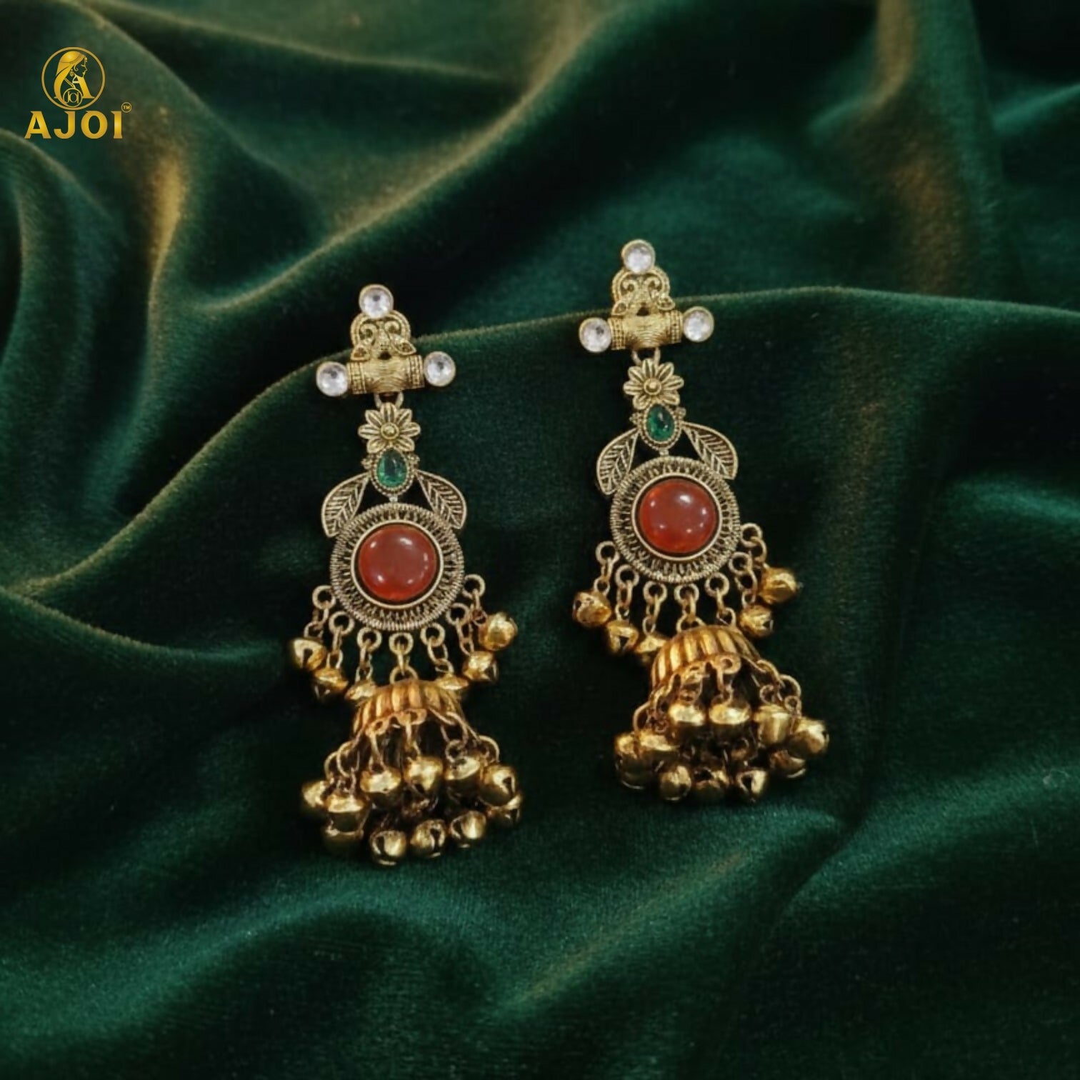 Cultural Heritage Long Jhumka Earrings with Red & Green Highlights