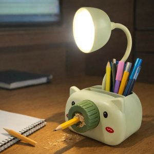 Green Kids Desk Lamp with Pencil Sharpener and Pen Holder Study Table Light