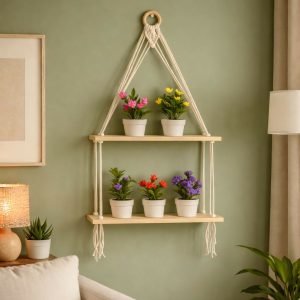 2 Tier Wooden Hanging Shelf with Rope Wall Decor Plant Display Rack