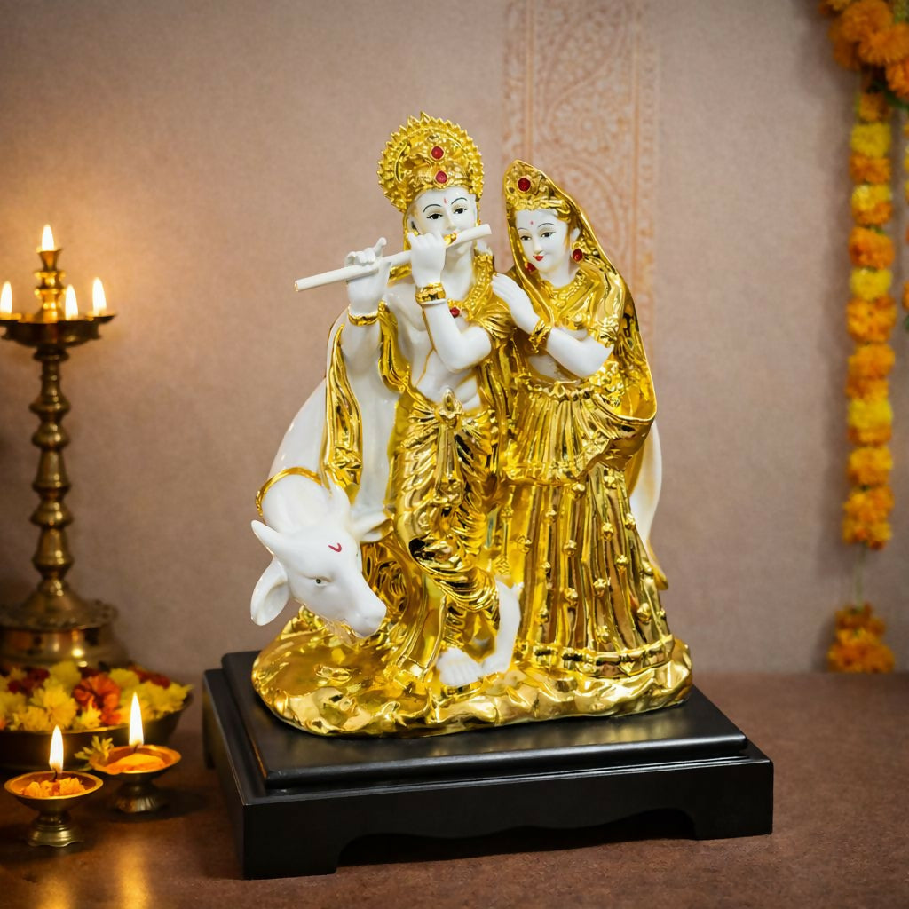 Radha Krishna with Cow Idol White and Golden Finish Statue for Home Temple Decor - Image 2