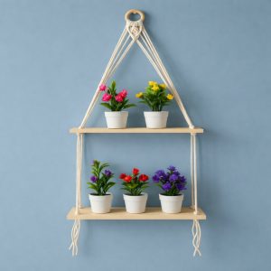 2 Tier Wooden Hanging Shelf with Rope Wall Decor Plant Display Rack