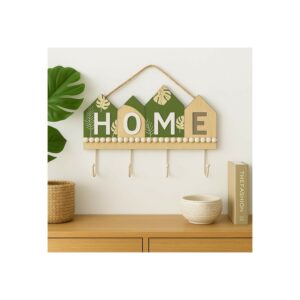 Rustic Wooden Wall Key Holder with “HOME” Letter Design – Decorative Wall Hanging with 4 Sturdy Hooks and Rope Hanger – Ideal for Entryway, Living Room, Kitchen, Bedroom, Office, and Housewarming Gifting