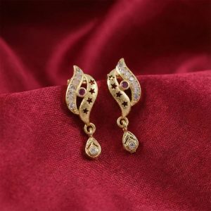 Star Cut Pattern Gold Finish Earrings With Crystal Detailing And Teardrop Charm