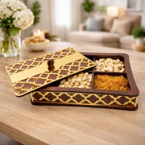 Dry Fruit Storage Box with 4 Compartments and Decorative Golden Lid