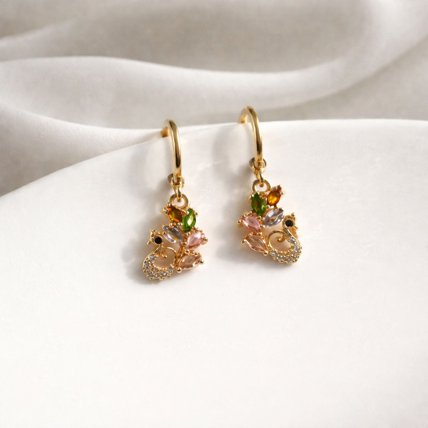 Multicolor Gemstone Leaf Motif Drop Earrings with Gold Finish - Image 4