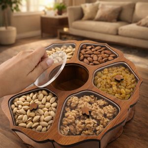 Wooden 7-Section Dry Fruit Storage Box with Transparent Lids