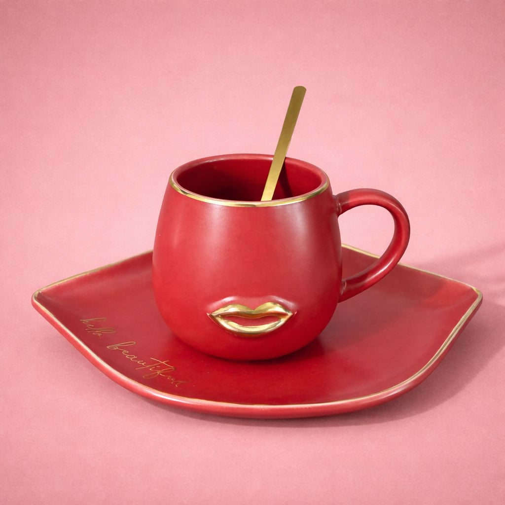 Red Ceramic Coffee Mug with Tray & Spoon Lip Design Cup Set - Image 2