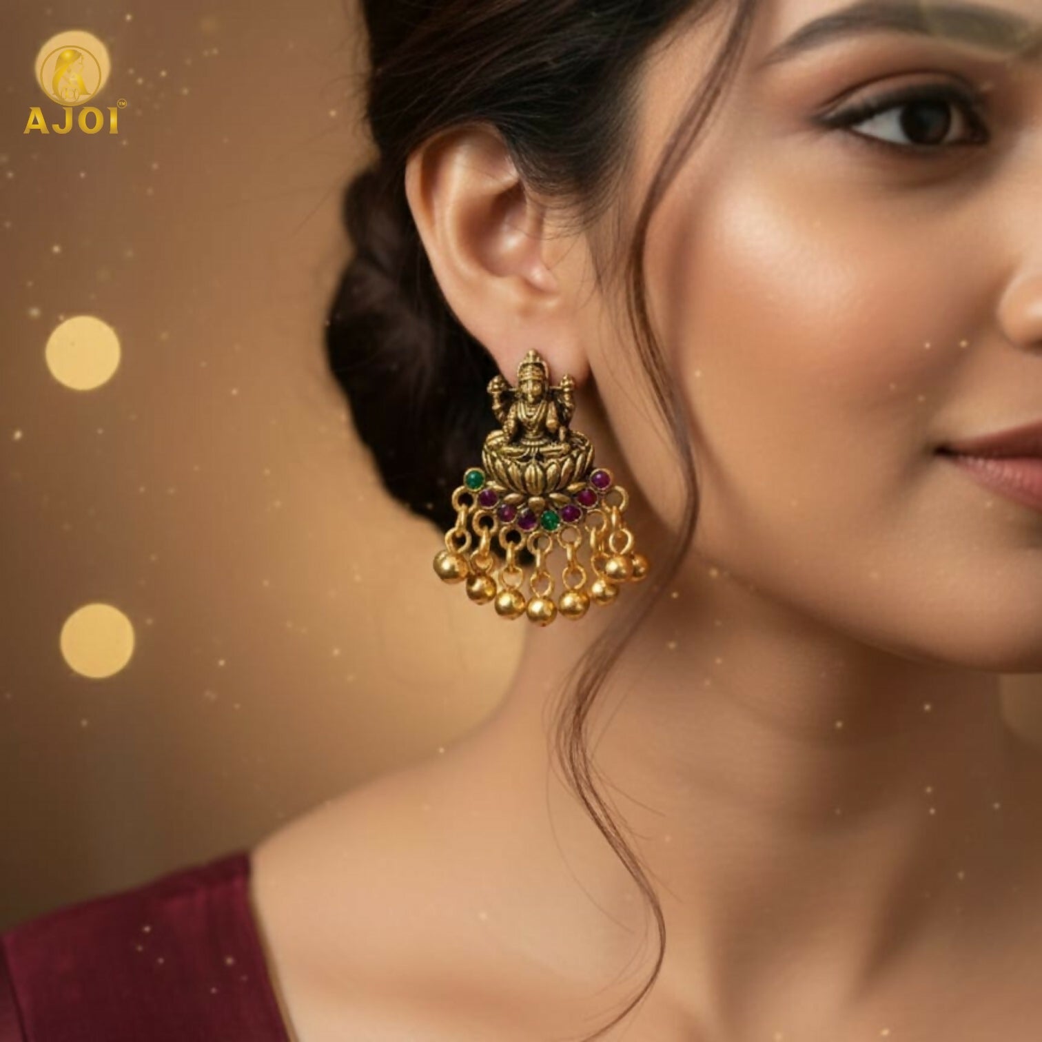 Divine Lakshmi Idol Antique Gold Mini Jhumka Earrings with Multicolor Stone Detailing