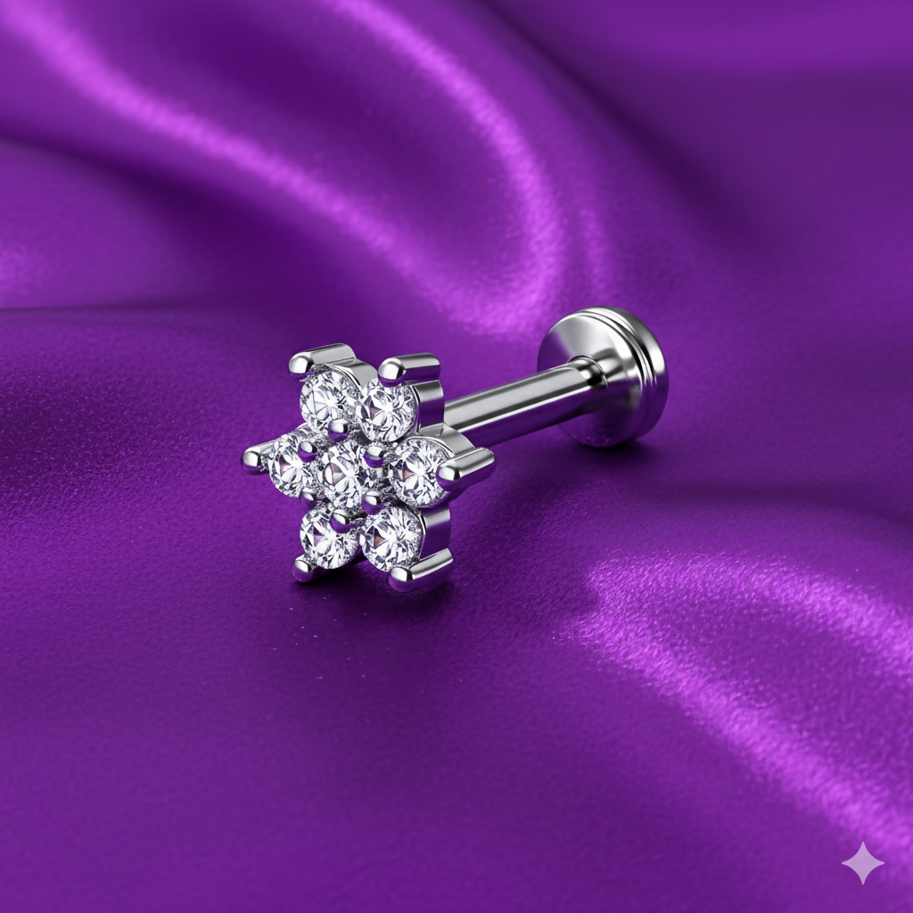 Silver Plated Crystal Flower Flat Back AD Stud Earring Pack of 1 PCS