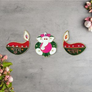 Acrylic Meenakari Diya Ganesh Shubh Labh Door Hanging – Set of 3