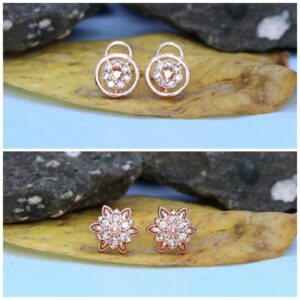 Rose Gold AD Halo & Lotus Stud Earrings for women and girls Combo Pack of 2