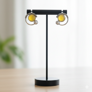 Oxidized Silver Stud Earrings with Yellow Citrine Glass and Pearl Accents