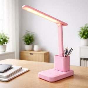 Pink LED Study Table Lamp with Pen Holder, Touch Control, 3 Light Modes