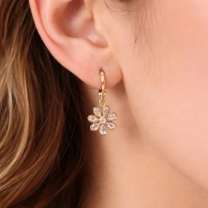 Gold-Tone Floral Crystal Drop Hoop Earrings for Women