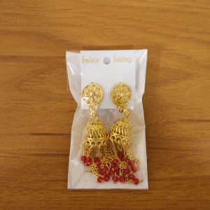 Traditional Gold Tone Chain Tassel Jhumka Earrings with Red Beads Long Ethnic Dangle Earrings for Women