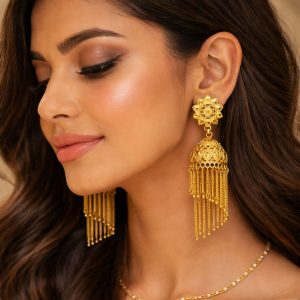 Traditional Gold Tone Floral Jhumka Earrings with Long Chain Tassel Design