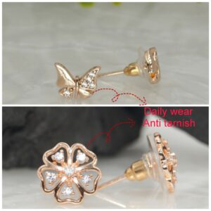 Rose Gold Plated Butterfly & Flower Stud Earrings Set for women and girls Combo Pack of 2