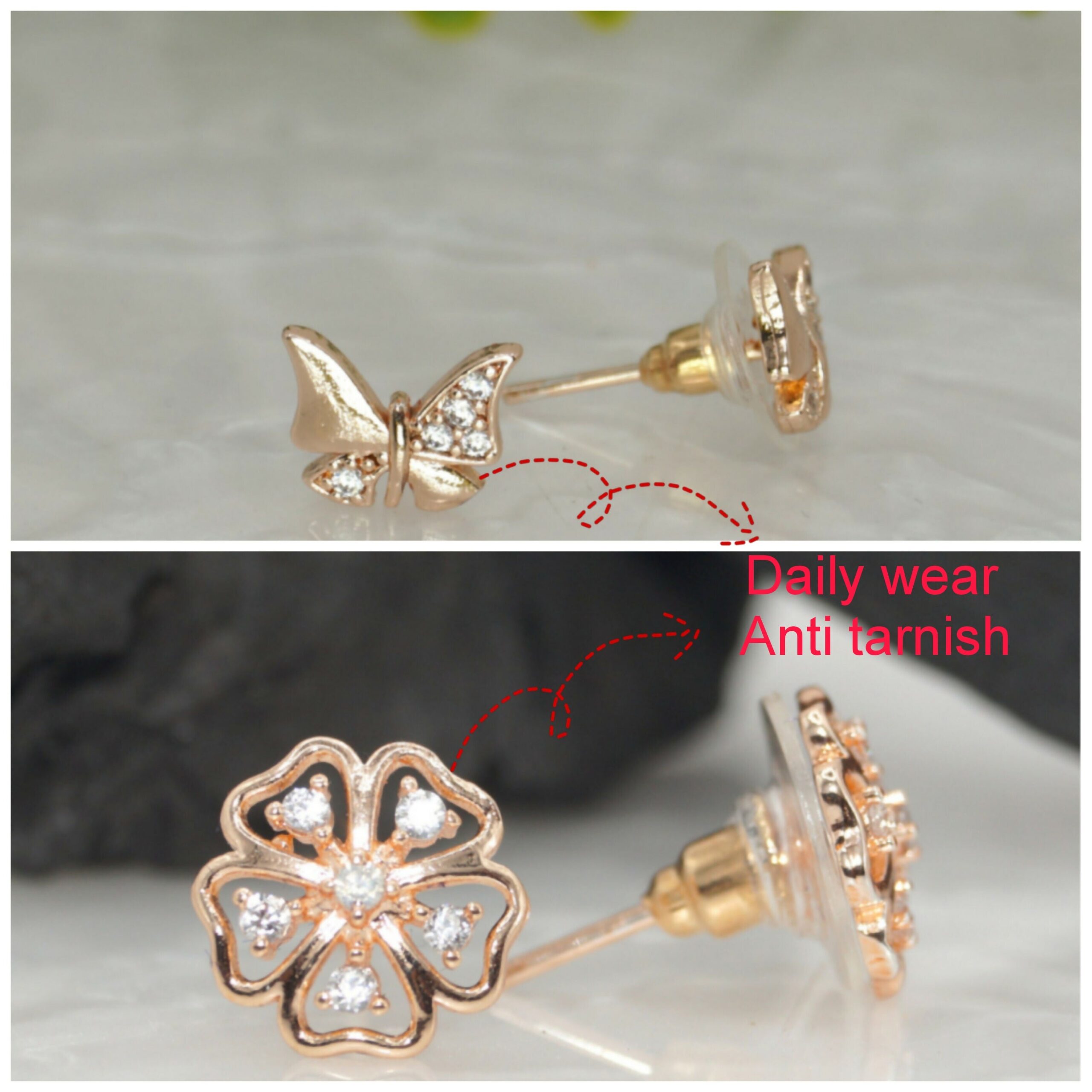 Rose Gold Plated Butterfly & Flower Stud Earrings Set for women and girls Combo Pack of 2 - Image 2