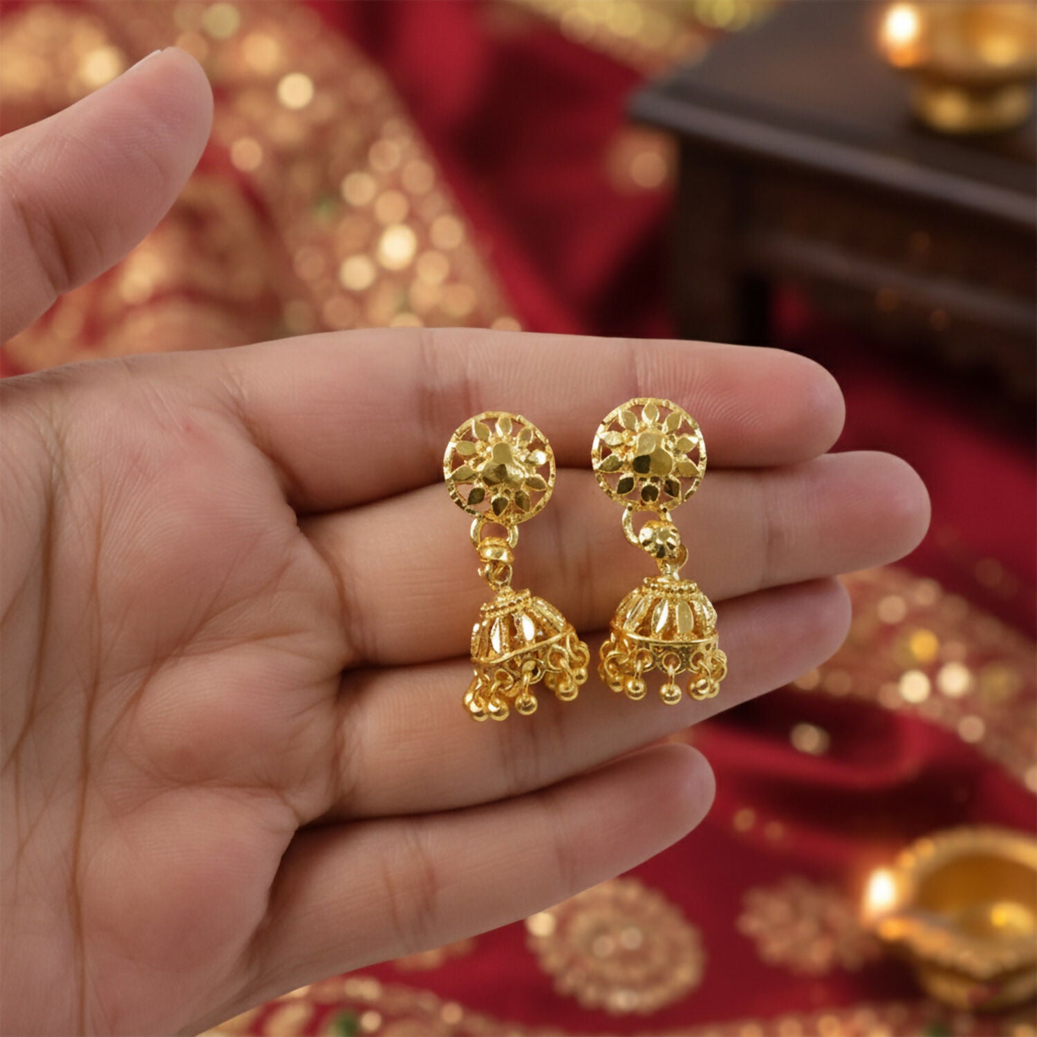 Copy of Elegant Gold Plated Floral Jhumka Earrings for Women Traditional Festive Wear - Image 3