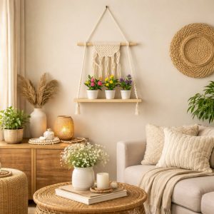 Macrame Hanging Wooden Shelf Wall Decor Display Rack with Rope