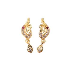 Gold Finish Leaf Design Drop Earrings with Stone Detailing (1 Pair)