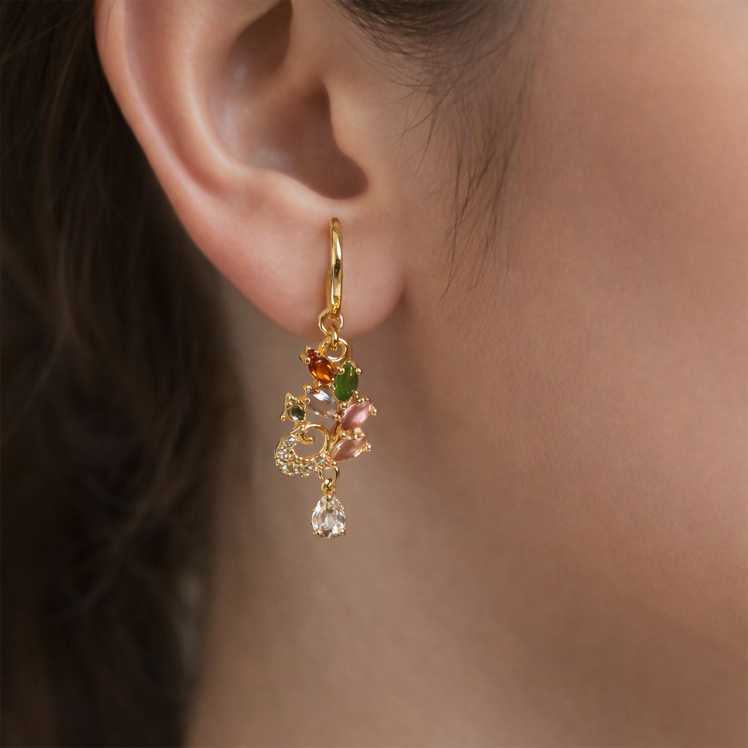 Multicolor Gemstone Leaf Motif Drop Earrings with Gold Finish - Image 3