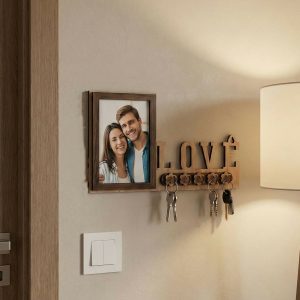 Wooden Photo Frame Key Holder with LOVE Cutout & 5 Hooks – 8 x 12 Inch
